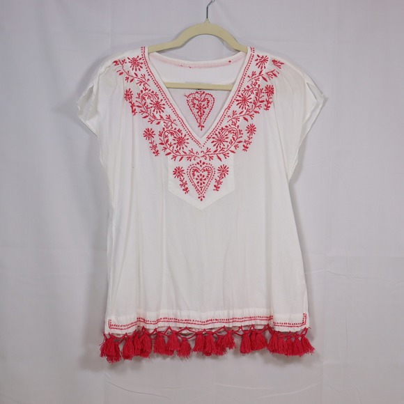Subtle Luxury Tops - Subtle Luxury Embroidered Tassel Top S/M White Womens Boho V-Neck Blouse